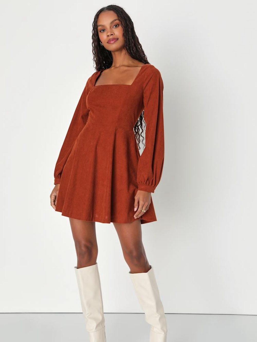 Lulu's Rust Square-Neck Long Sleeve Mini Dress